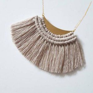 Natural White Ivory Cream Fringe Macrame Necklace with Gold Tone Crescent